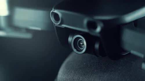 Drone Camera Lens on a stabilizer, propellers and sensors, hyper close up, aerial photography gear,