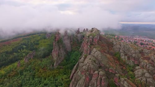 Aerial view of autumn landscape with rocks and forest, Bulgaria.