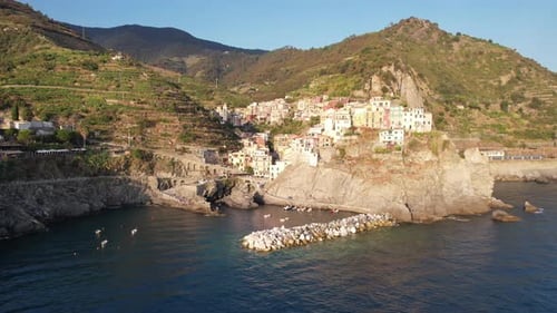 Aerial video over a small colorful town, La Spezia Italy