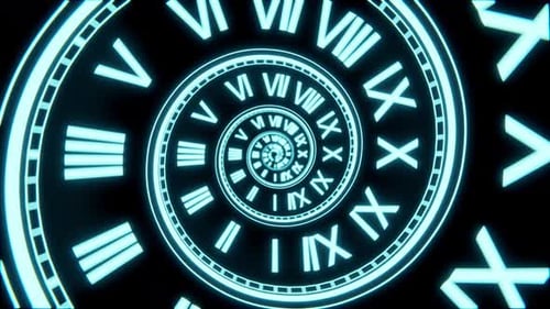 Animación de reloj en espiral de neón sin fisuras, fondo de concepto de tiempo futurista