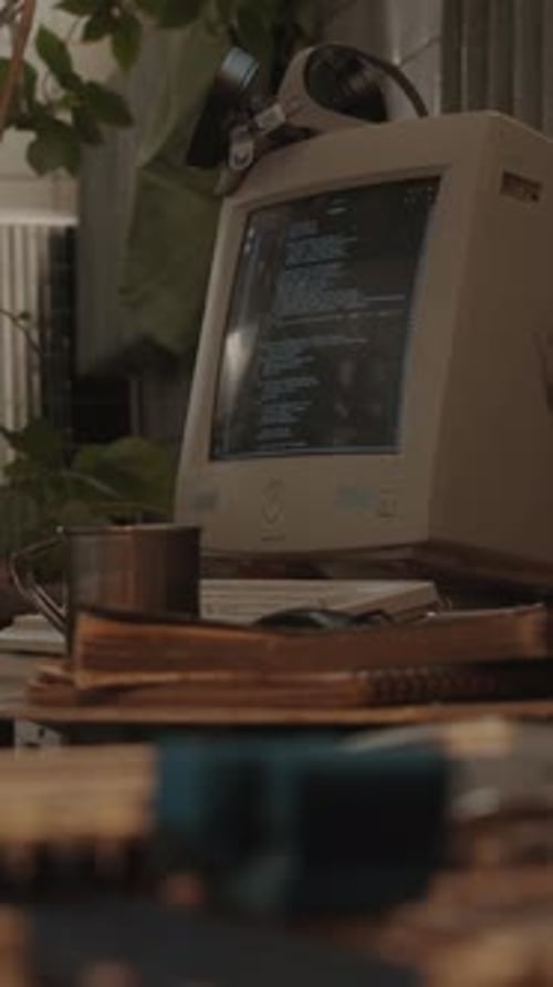 Alter Computer mit ausgestelltem Code im Post Apocalypse Shelter