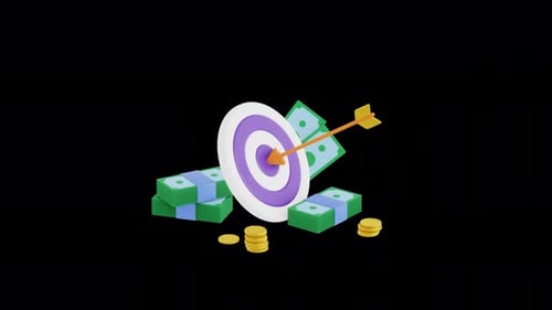 Target 3d animation with an arrow hit the center. ALPHA channel Business challenge