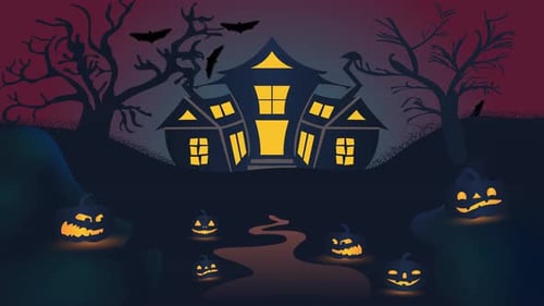 Halloween Haunted House Background with Flying Bats and Jack-o'-Lanterns