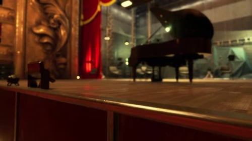 Dramatic Stage Opening with Grand Piano and Curtains