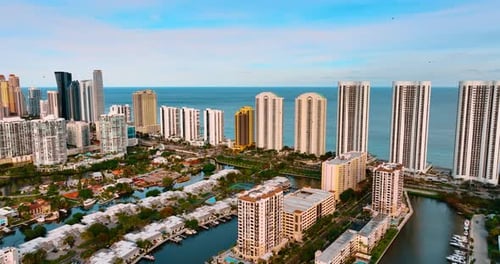 Stunning view of sunny bright panorama of Miami Beach.