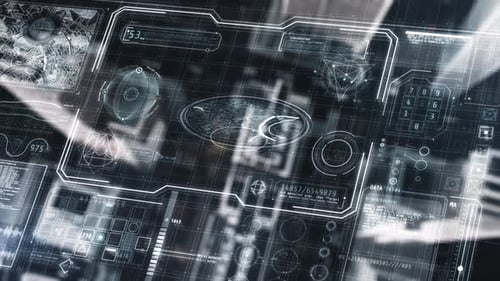 Futuristic Headup Display Showing Data Analysis Overlooking City Buildings