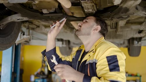 Mechanic Inspecting Car Underside in Auto Repair Shop