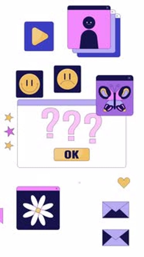 Click ok button question marks popups among Y2K interface transparent overlay animation