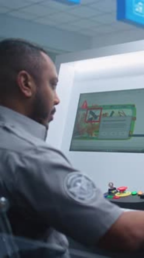Security Officer Monitoring Computer Screens at Airport