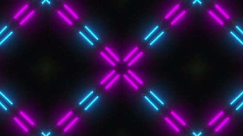 Dynamic neon tunnel with glowing purple geometric shapes and lights