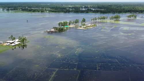 Aerial view of flooded fields and houses, Bangladesh.