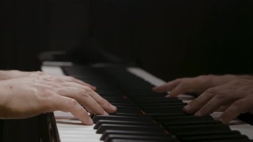 Hands Play Piano Keys Close Up