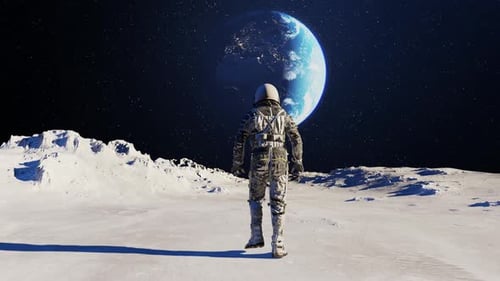 Astronaut Walking on Moon Surface with Earth in Space Background