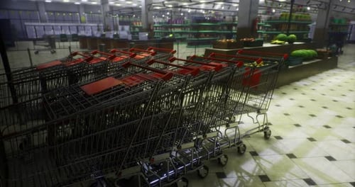Shopping Carts Lined Up in a Modern Grocery Store at Night