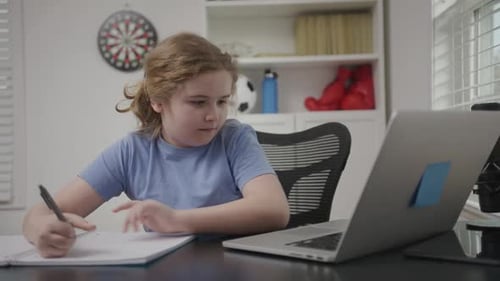 Cute School Student with Laptop in Class Child Online Learning with Laptop at Home Class Digital Kid