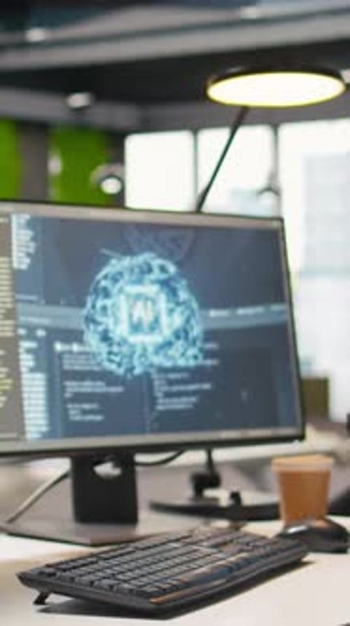 Vertical Video Advanced AI Algorithms Running on Computer Monitors in Empty Startup