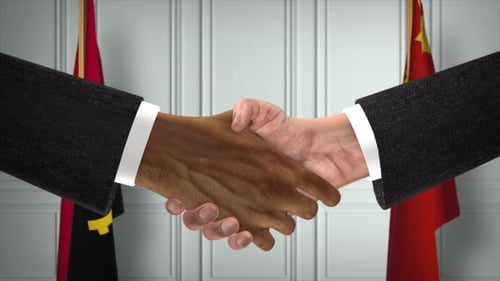 Angola and China Officials Business Meeting. Diplomacy Deal Animation. Partners Handshake 4K