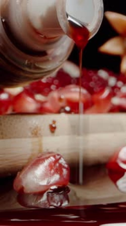 Vidéo verticale. Le jus de grenade s'écoule d'une bouteille munie d'un distributeur, le jus rouge se répand
.