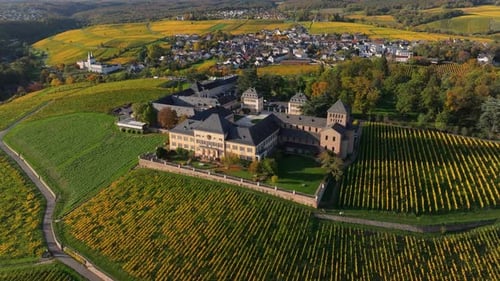 Aerial view of Schloss Johannisberg in vineyards, Germany.