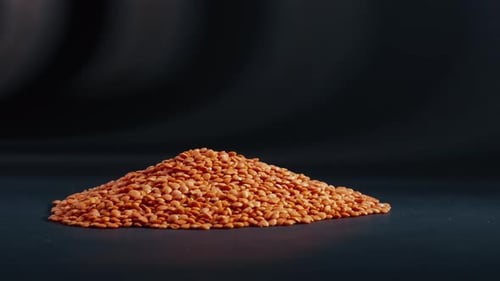 Close Up Pile of Red Lentils on Dark Surface