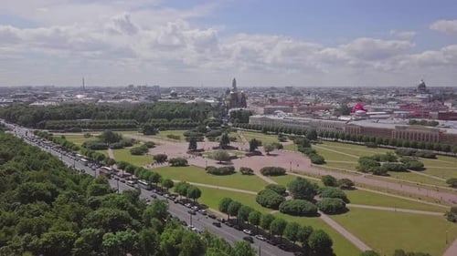 Saint-Petersburg, an aerial drone footage of historic Field of Mars, World War II monument, Church o