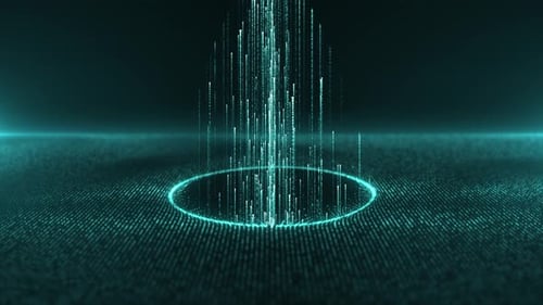 Abstract futuristic scene with digital glowing neon particles flying upward. movement of a stream