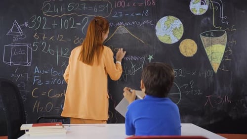 Die Lehrerin bringt ihrem Jungen etwas über die Natur bei.