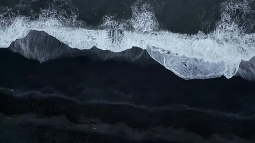 Breathtaking aerial view from Reynisfjara Black Sand Beach during summer in Iceland where beach wave