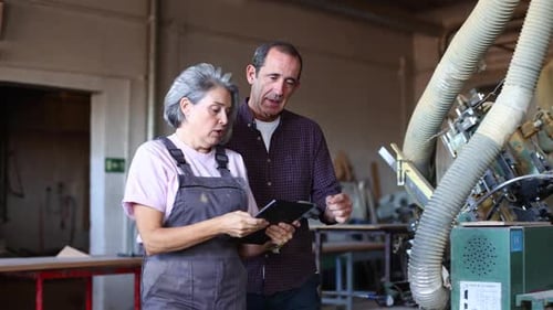 Two Senior Workers Supervising Production in a Carpentry Workshop