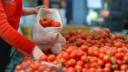 Mujer recogiendo tomates en una bolsa reutilizable en una tienda. Temáticas del Día de la Tierra y la Ecología