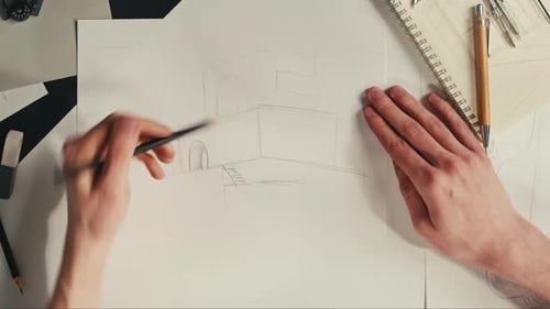 Hands Sketching Architectural Drawing