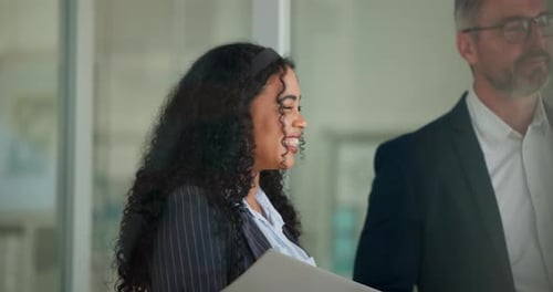 Funny, business and woman in meeting, financial advisor and conversation with trading success