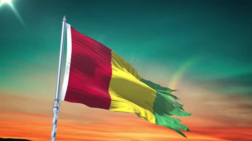 Realistic Torn National Flag Waving in Sunset Sky