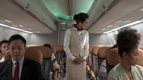 Passengers are sitting in the passenger cabin while travel by commercial air plane.