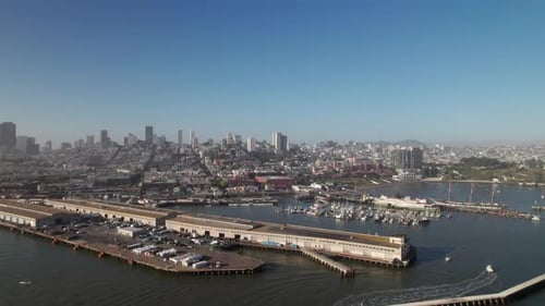 Aerial view of Fisherman's Wharf area in San Francisco, early morning, 4K