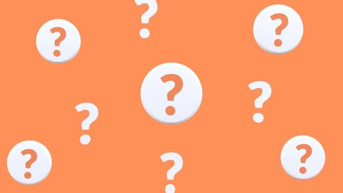 Points d'interrogation animés en 3D sur fond orange, représentant la curiosité, la FAQ et l'incertitude.