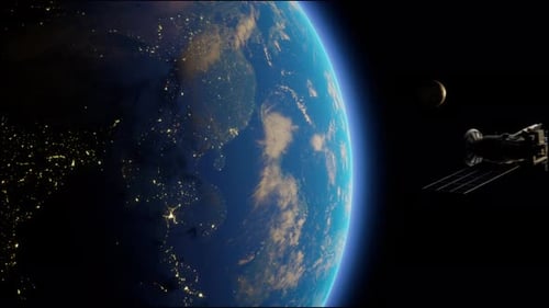 Künstlicher Satellit der Erde. Ein Satellit, der im Weltraum über den Globus fliegt