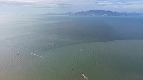 Aerial drone view of fisherman boats at sea Pennag