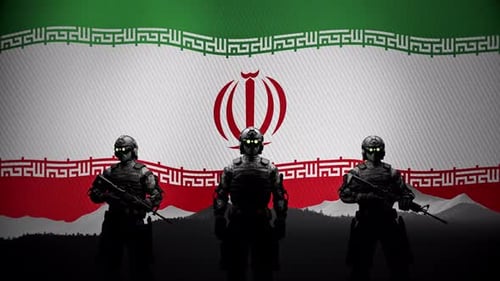 Drapeau iranien et soldats des forces spéciales