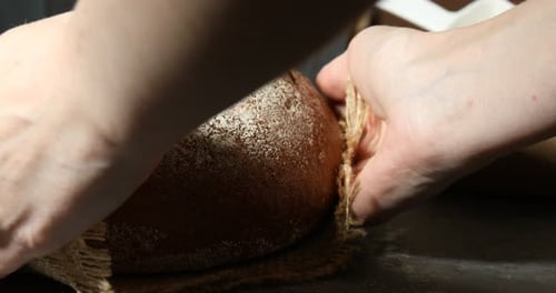 Woman putting fresh bread and green wheat spikes onto grey table, closeup