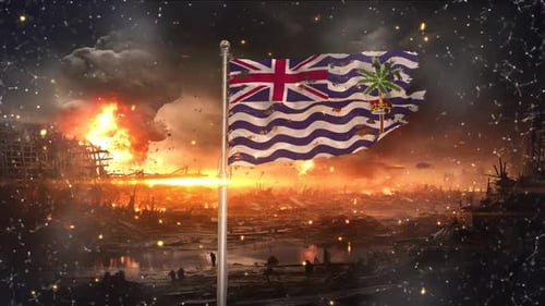 British Indian Ocean Territory flag waving in war torn and damaged