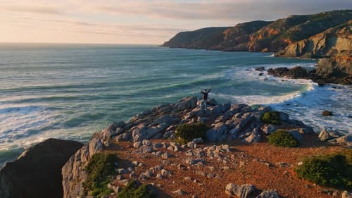 Man Spreading Arms Ocean Coast Aerial View Male Person Watching Marine Nature