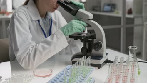 Scientist Examining Sample Under Microscope in Laboratory
