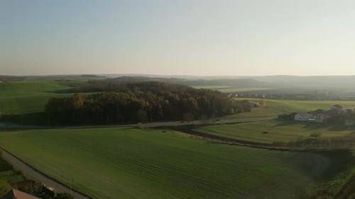 Aerial view of green fields and forest, Czechia.