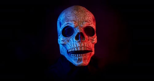 Dramatic Skull Mask with Red and Blue Lighting
