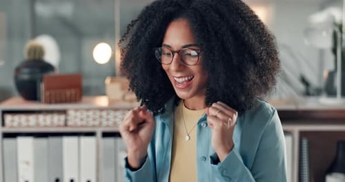Woman, fist pump and happy with celebration at startup, office and success with project approval