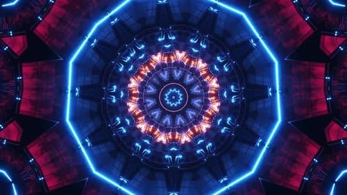 Circular animation of pattern with neon lights in the center. Kaleidoscope VJ loop