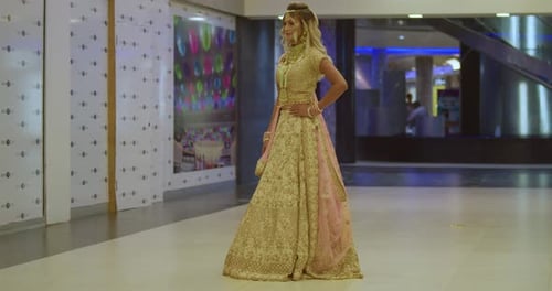 Woman in Embroidered Gown Poses Fashionably Indoors