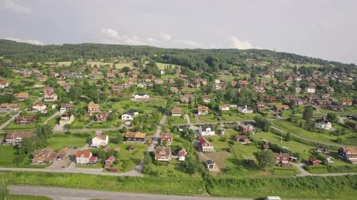 Aerial view of traditional houses by Siljan Lake, Sweden.