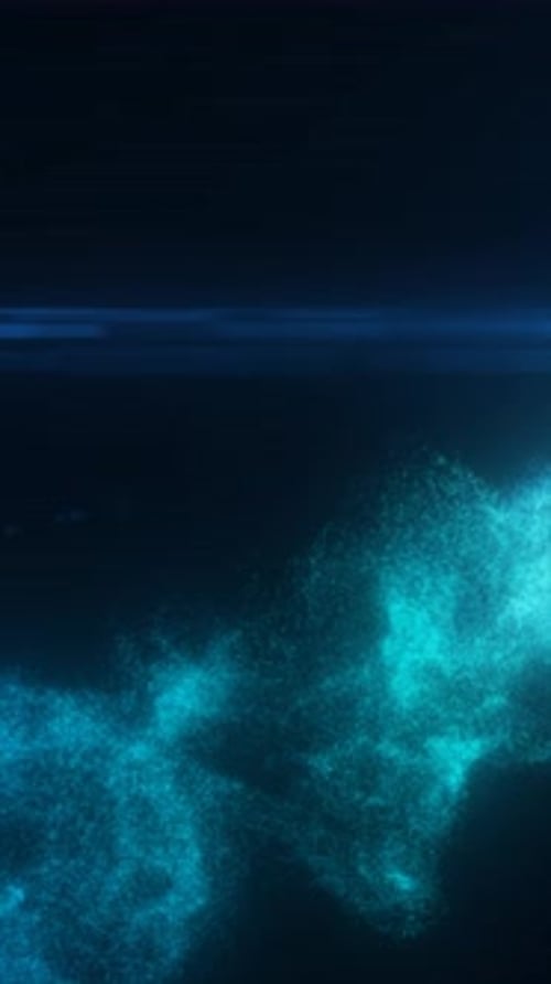 Abstract burst of blue light and particles rising from a glowing horizon in a dark space